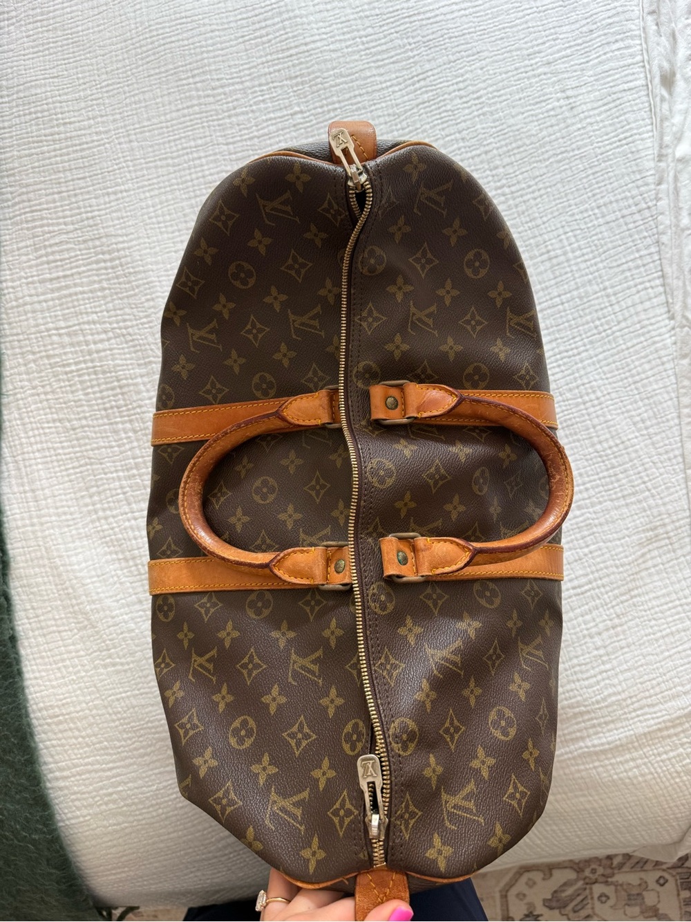 Louis Vuitton Keepall Brown Monogram Canvas Duffel with Tan Leather Trim